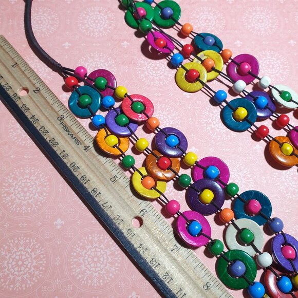 Handmade Multicolor Wood Beaded Necklace Boho 24 In Length Statement Jewelry - Picture 4 of 5